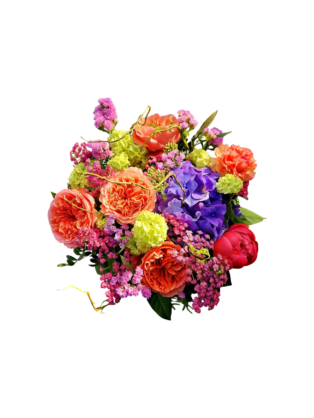 SzE2byUzRA.webp bouquet hortensias Genève : roses orangées, hortensias bleus et pivoines colorées, composition estivale