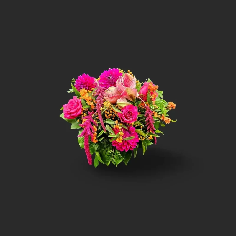 bouquet corde pourpre Genève — amaryllis, dahlias, roses et amaranthus tons fuchsia et orange