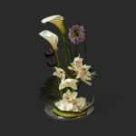 arrangement blanc Genève Porcelaine Zénithale avec callas, cymbidiums et hortensias sur base argentée
