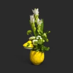 arrangement curcuma viburnum Genève dans vase jaune citron, composition estivale raffinée