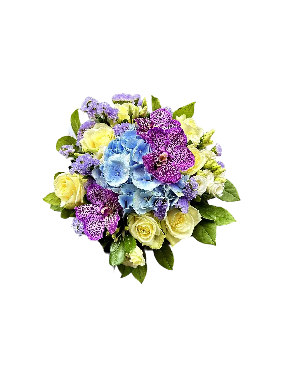 WDAlM0Q.webp bouquet orchidée Genève — orchidées mauves, hortensias bleus et roses crème, composition pastel élégante