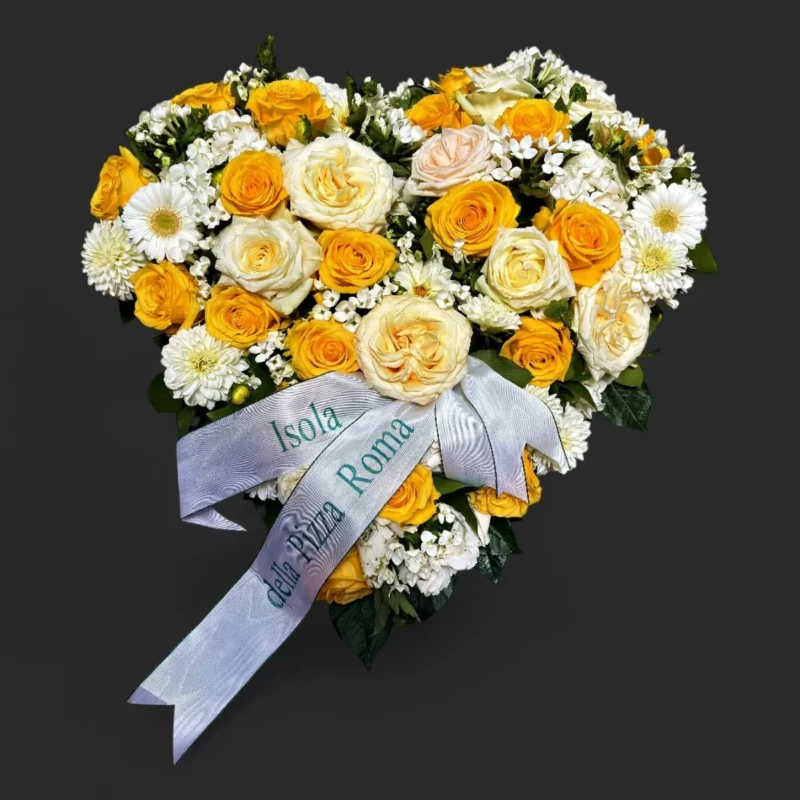 bouquet deuil Genève : cœur de roses jaunes et blanches, chrysanthèmes et gerberas avec ruban argenté