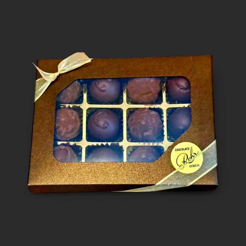 truffes Genève Nocturne Praliné Rohr, boîte 12 chocolats artisanaux avec ruban argenté