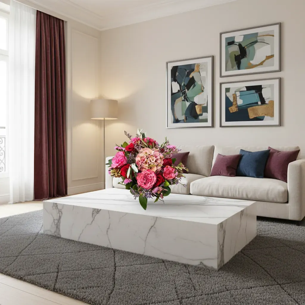 a0wlMkJJJTNE.webp bouquet roses Genève Légende d'Aurore avec hortensia et limonium, composition romantique et colorée