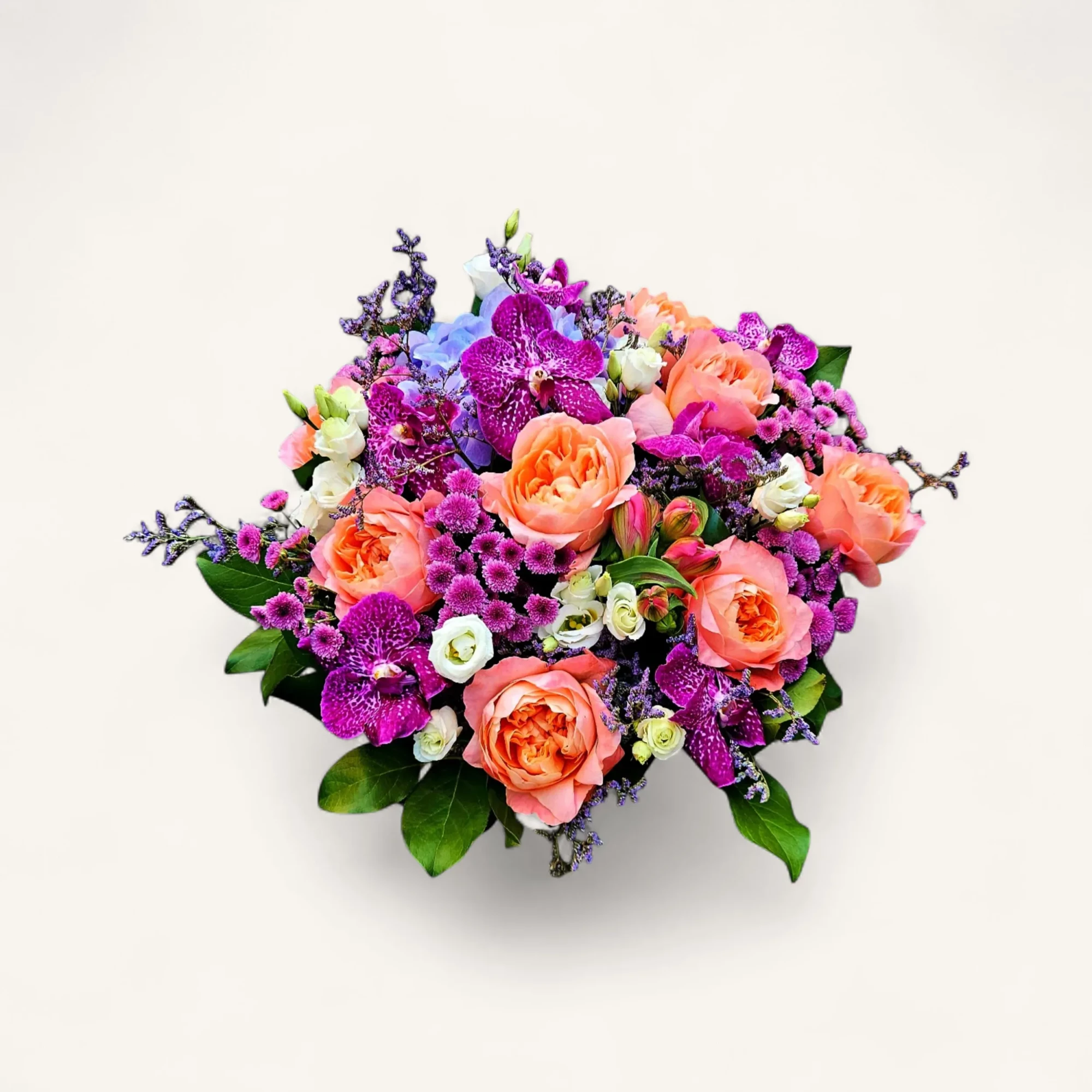 ak0lM0Q.webp bouquet roses abricot Genève Éveil Prisme, orchidées fuchsia et lisianthus blancs, arrangement printanier luxueux