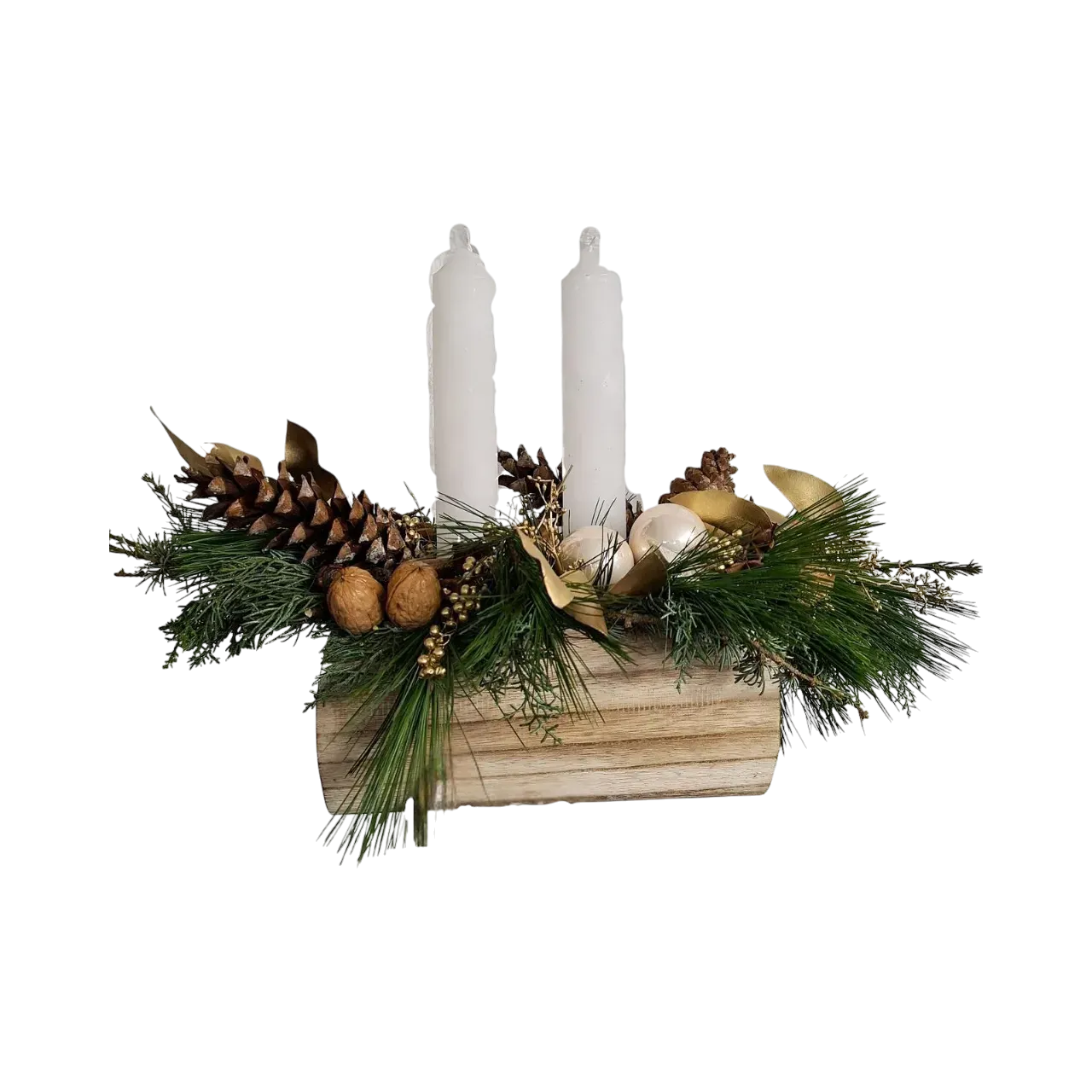 blUlM0Q.webp centre de table de noël genève : coffret bois avec bougies blanches, branches de pin, pommes de pin, noix et perles nacrées