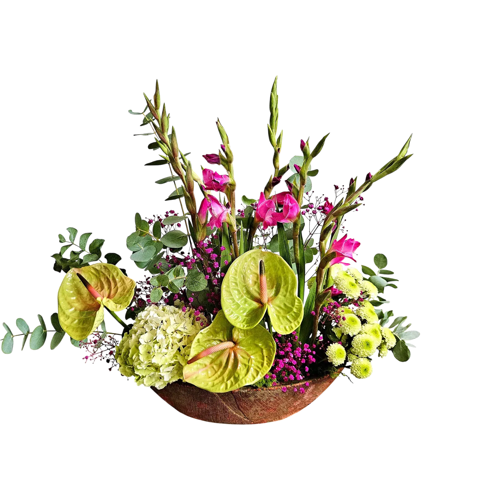cGclM0Q.webp bouquet anthurium Genève avec anthuriums verts, glaïeuls roses, hydrangea blanc et gypsophile