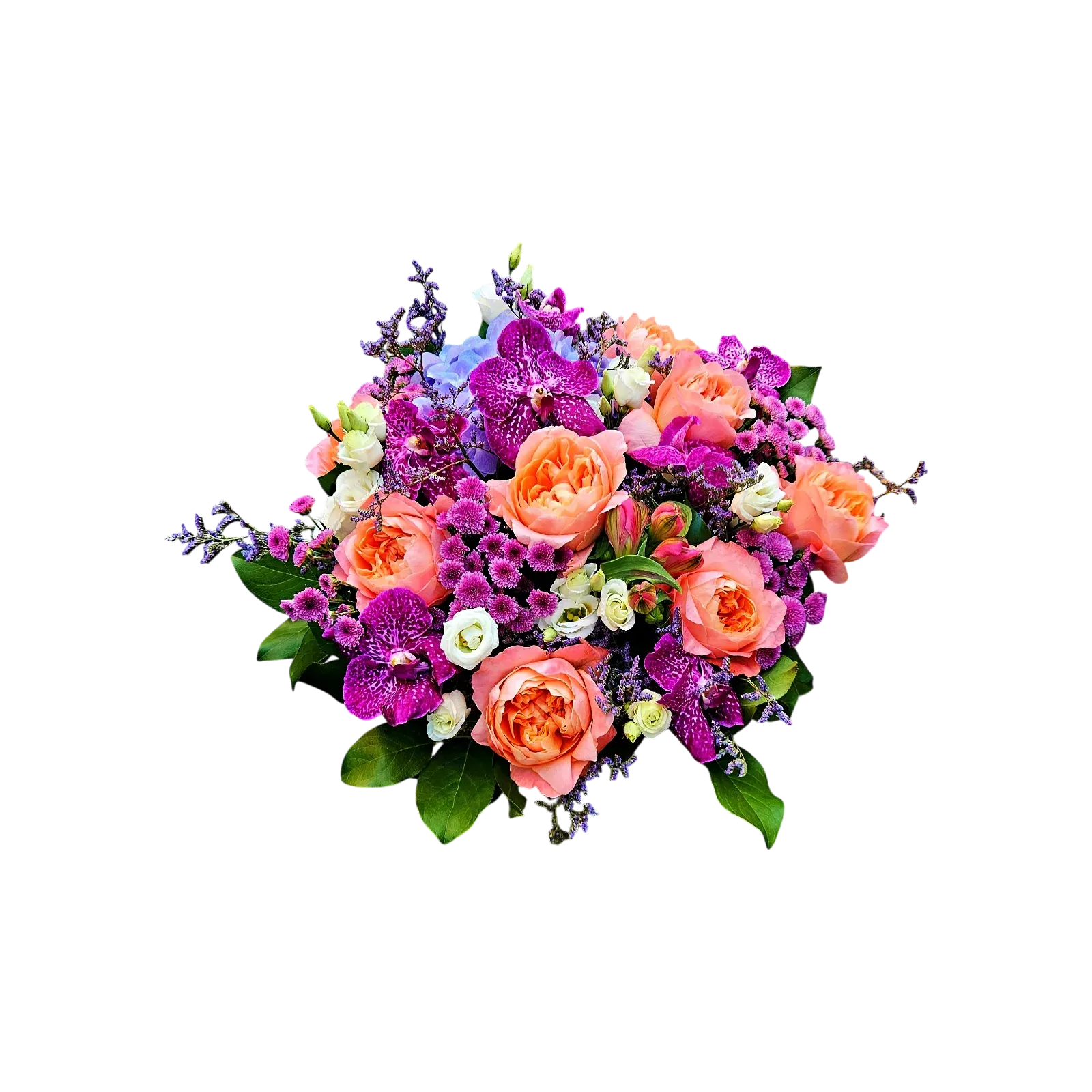 cVUlM0Q.webp bouquet roses abricot Genève Éveil Prisme, orchidées fuchsia et lisianthus blancs, arrangement printanier luxueux