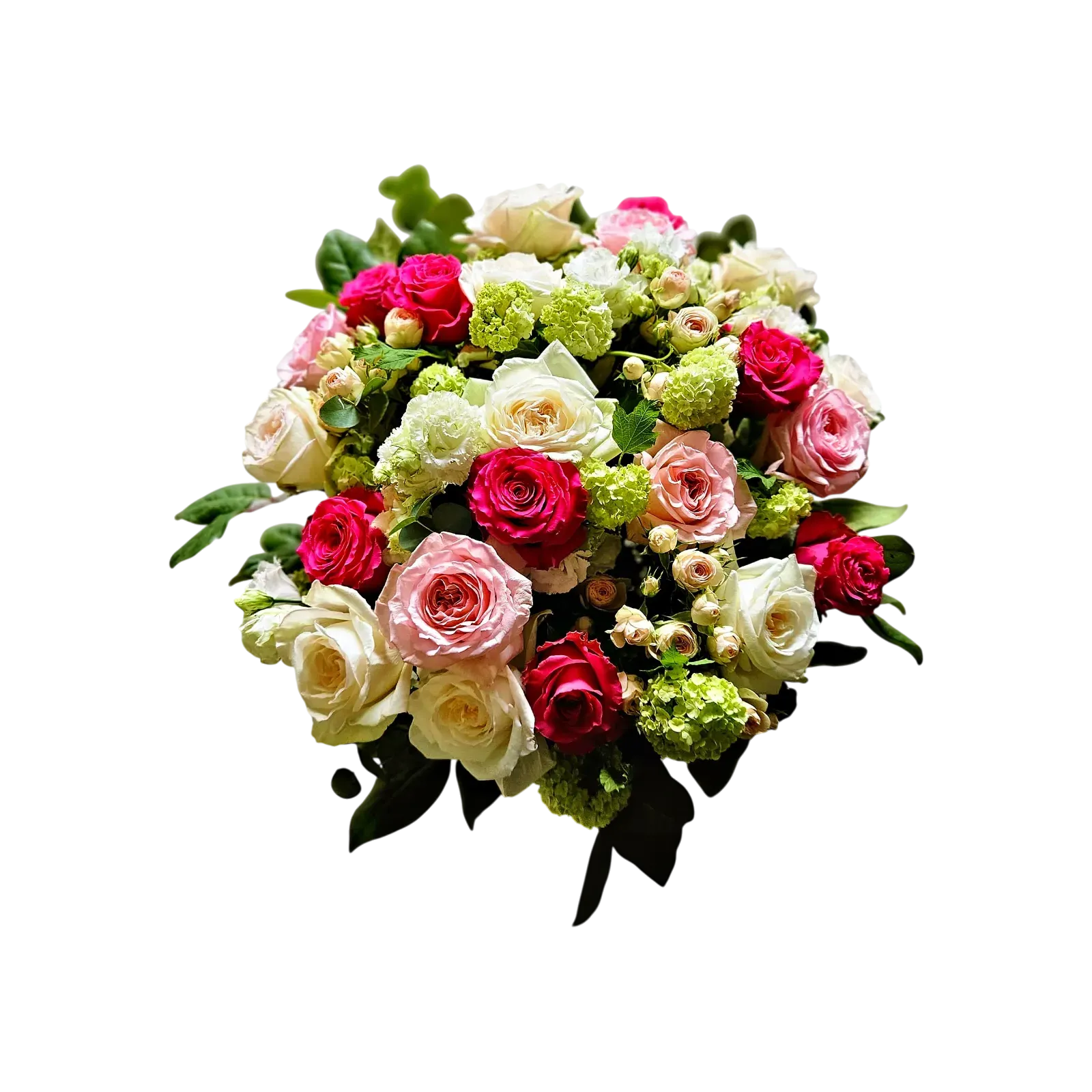 eE0lM0Q.webp bouquet roses Genève : roses rouges, roses et blanches avec feuillage vert, composition élégante et romantique