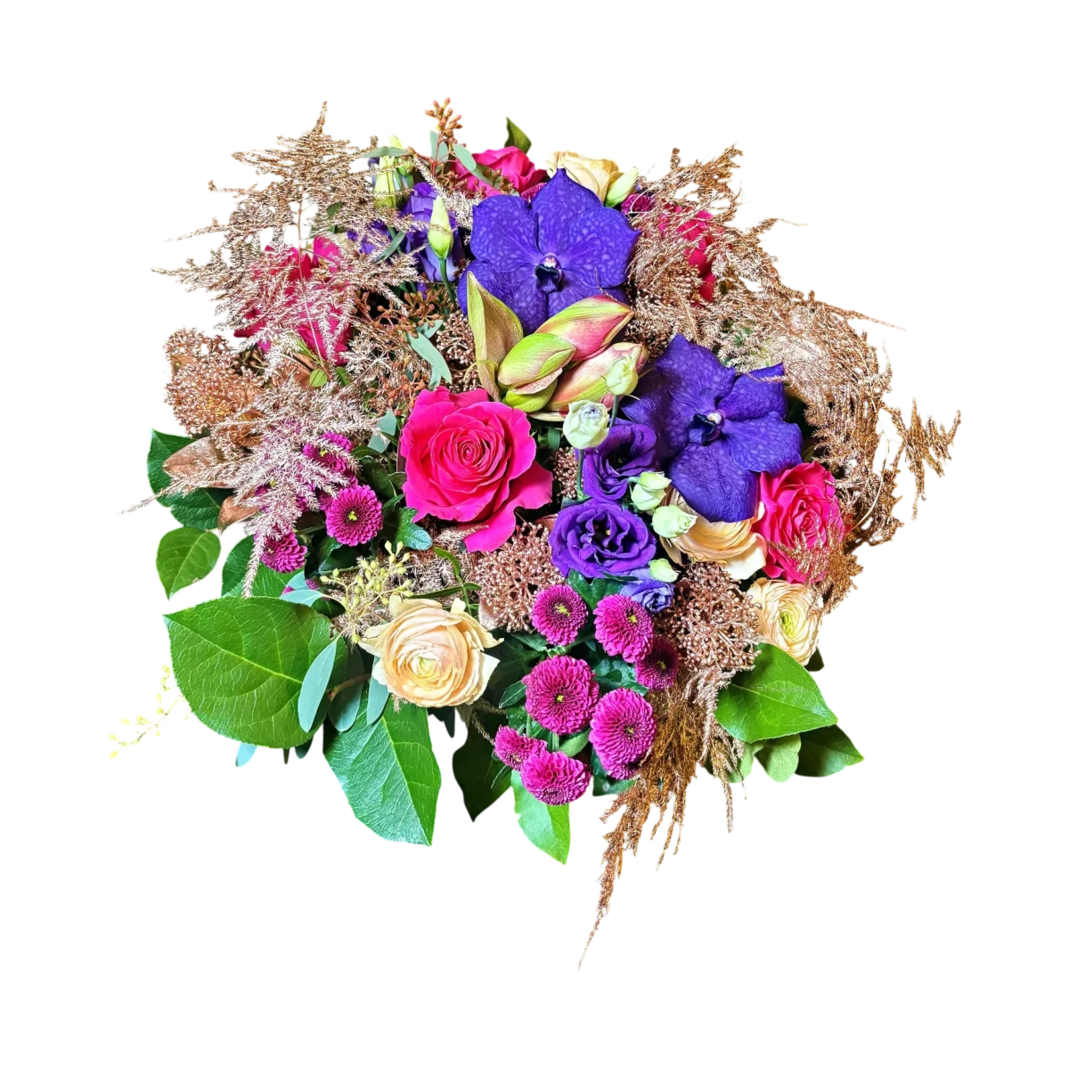 cadeau de minuit : bouquet coloré avec orchidées vanda, roses et branchages cuivrés pour une élégance de Noël