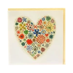 Vue de face d'une carte saint-valentin artisanale genève carrée, ornée d'un grand cœur composé de fleurs multicolores.