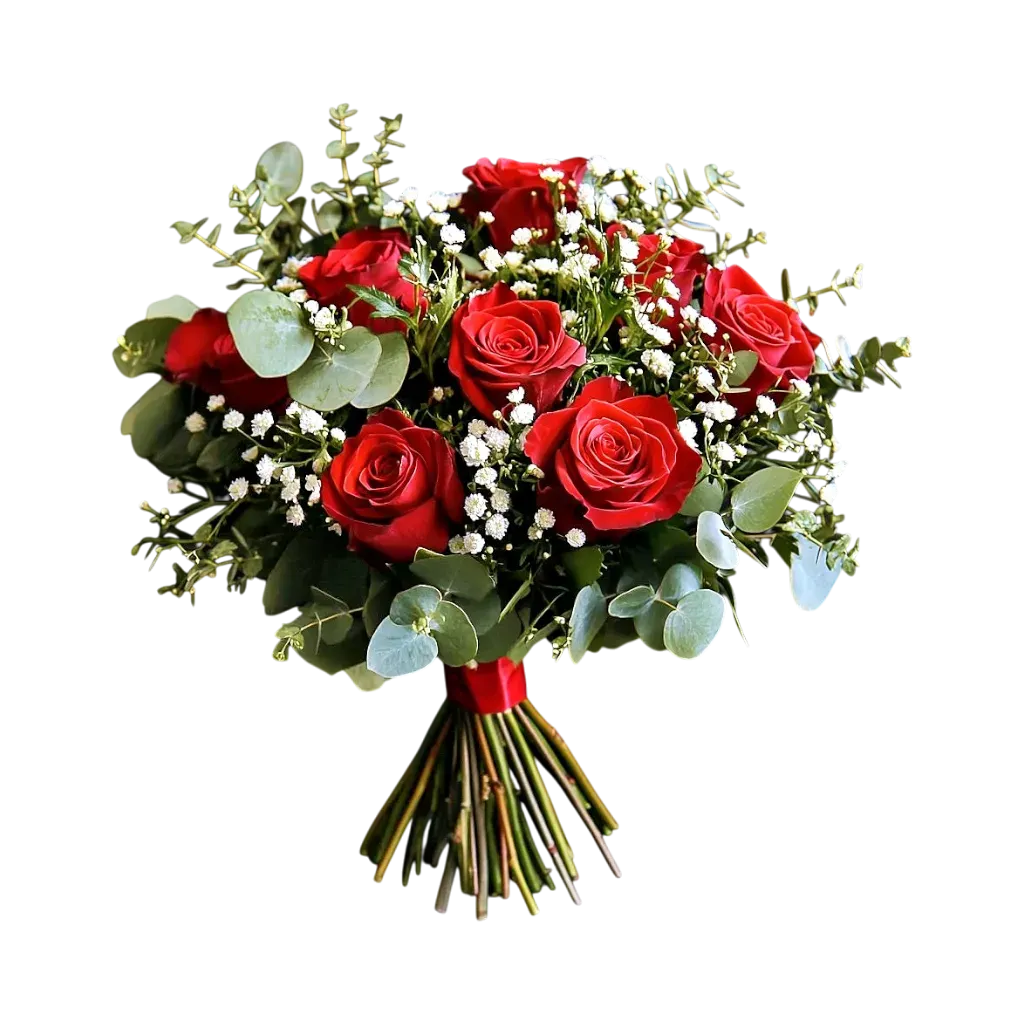 JTNE-5.webp Gros plan sur le bouquet roses rouges genève « Beaucoup » : sept roses veloutées, gypsophile blanc et eucalyptus.