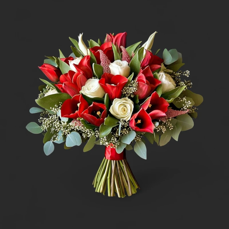 Magnifique bouquet arums rouges roses blanches geneve 'Je l'aime... Un peu', avec gypsophile et eucalyptus, noué d'un ruban rouge.