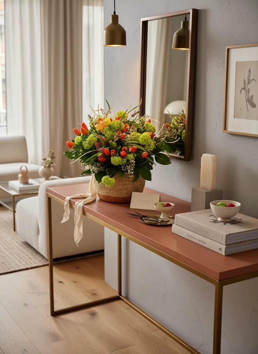 JTJCOEpFJTNE.webp Gros plan sur le bouquet tulipes corail viorne genève dans son panier tressé, montrant l'éclat des fleurs colorées.