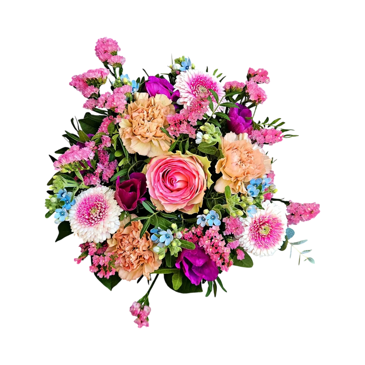 Gros plan du Rosée du Portique, notre bouquet printemps Genève, avec sa rose praline, ses œillets pêche et ses myosotis bleus.