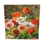 Gros plan sur l'illustration de la carte de vœux pavot or genève : un bouquet de pavots roses et rouges avec feuillage vert.