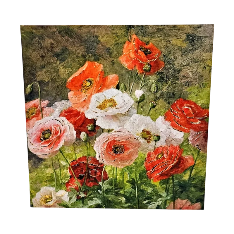Gros plan sur l'illustration de la carte de vœux pavot or genève : un bouquet de pavots roses et rouges avec feuillage vert.