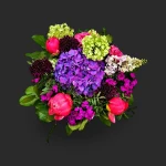 Vue de face du bouquet hortensia genève Cantilène d'Azur, avec son volumineux hortensia violet et ses pivoines corail.