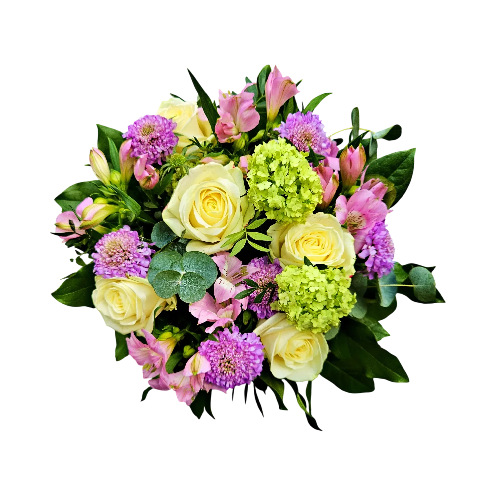 JTNE-11.webp Gros plan du bouquet roses ivoire hortensia genève, composition pastel avec pompons violets et alstroemères roses sur fond noir.