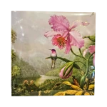 Illustration d'une orchidée rose et d'un colibri dans un paysage tropical pour notre carte de vœux orchidée colibri Genève.