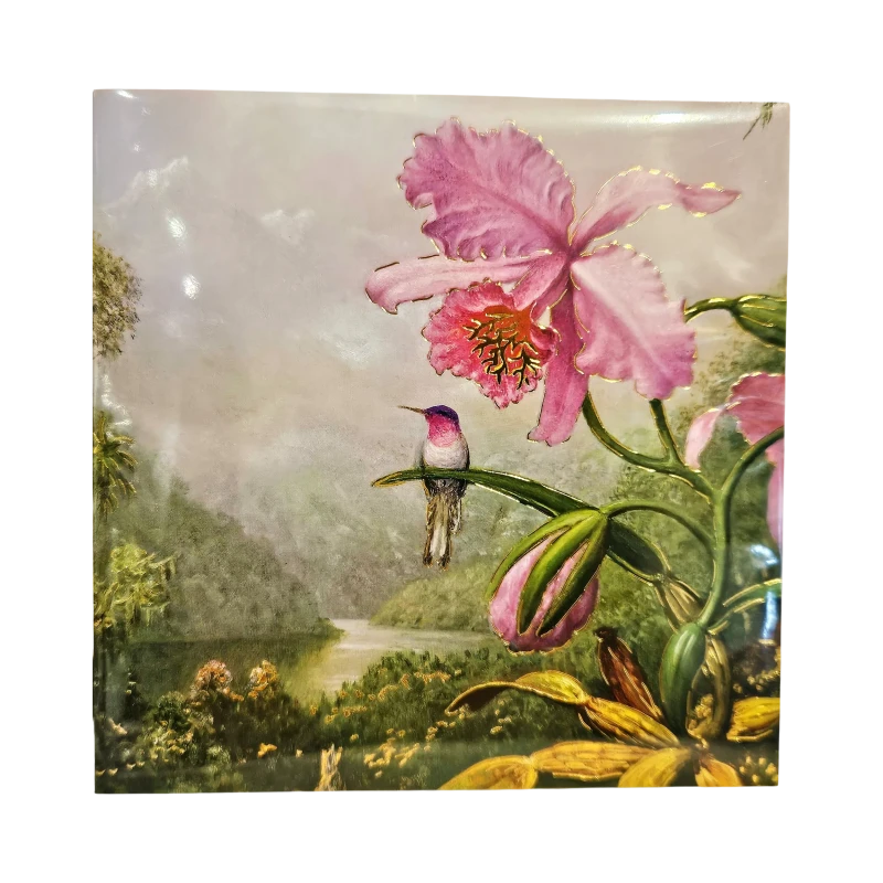 Illustration d'une orchidée rose et d'un colibri dans un paysage tropical pour notre carte de vœux orchidée colibri Genève.