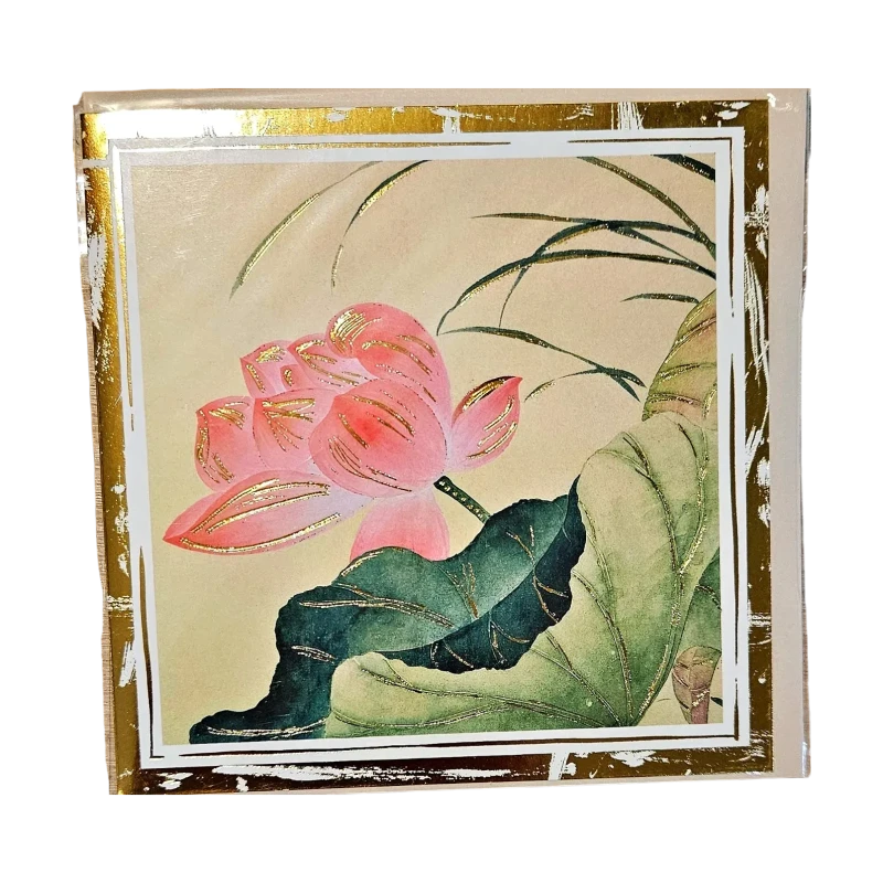 Illustration artistique d'une fleur de lotus rose aux lignes dorées sur notre carte lotus rose genève, encadrée d'or.
