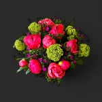 Le bouquet pivoines locales genève : pivoines rose-fuchsia, viorne verte et touches de magenta sur un fond sombre.