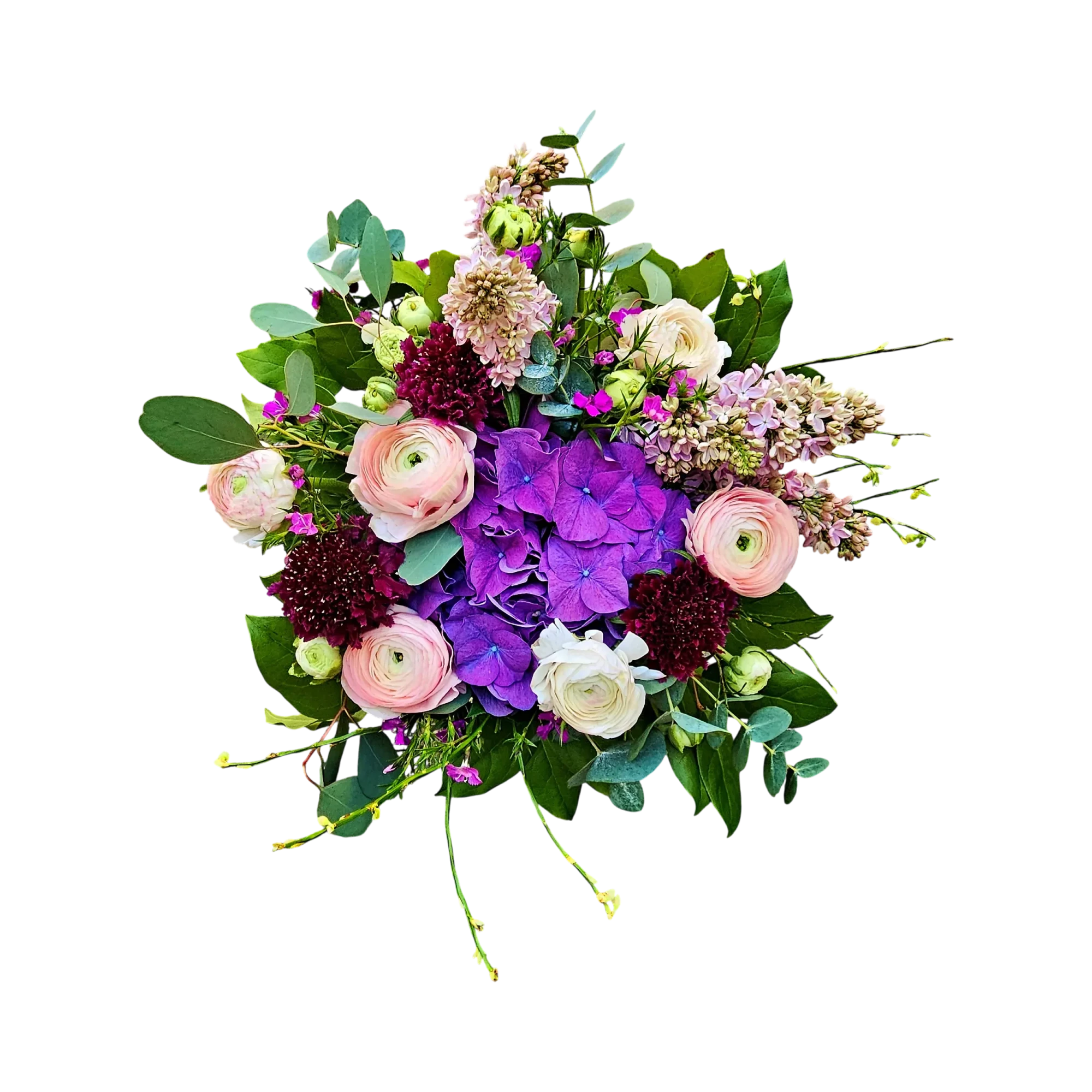 JTNE-8.webp Vue rapprochée du bouquet hortensia renoncules pastel genève, Amarante Céleste, avec son cœur d'hortensia violet et ses fleurs délicates.