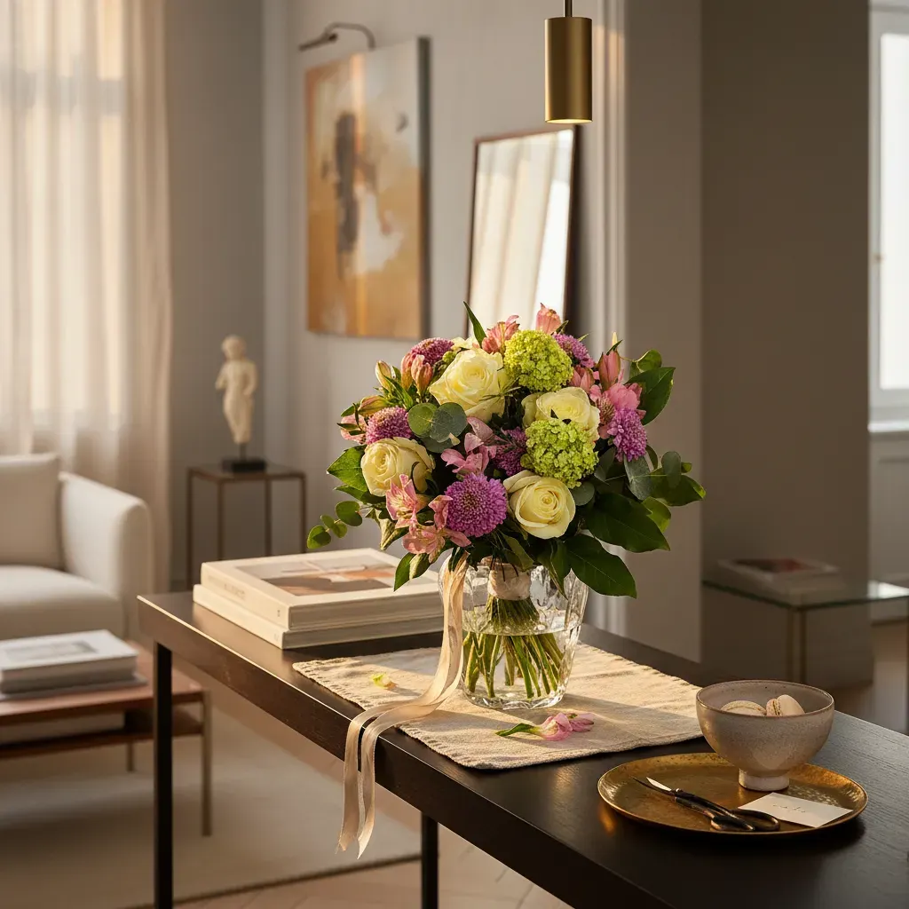 RA-12.webp Gros plan du bouquet roses ivoire hortensia genève, composition pastel avec pompons violets et alstroemères roses sur fond noir.