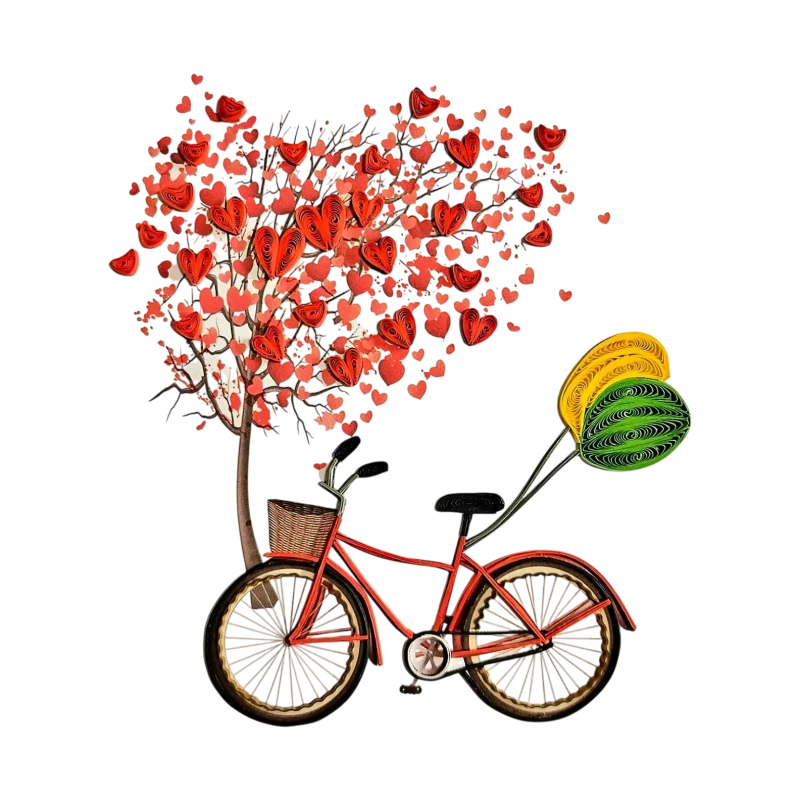 Gros plan de la carte de vœux bouquet de fleurs genève artisanale : un vélo rouge avec un arbre de cœurs en relief quilling.