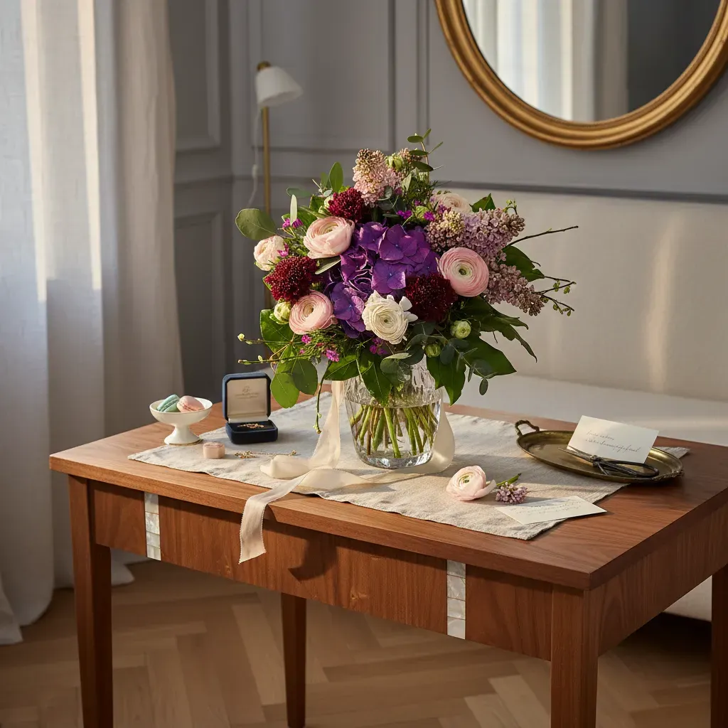 RA-5.webp Vue rapprochée du bouquet hortensia renoncules pastel genève, Amarante Céleste, avec son cœur d'hortensia violet et ses fleurs délicates.