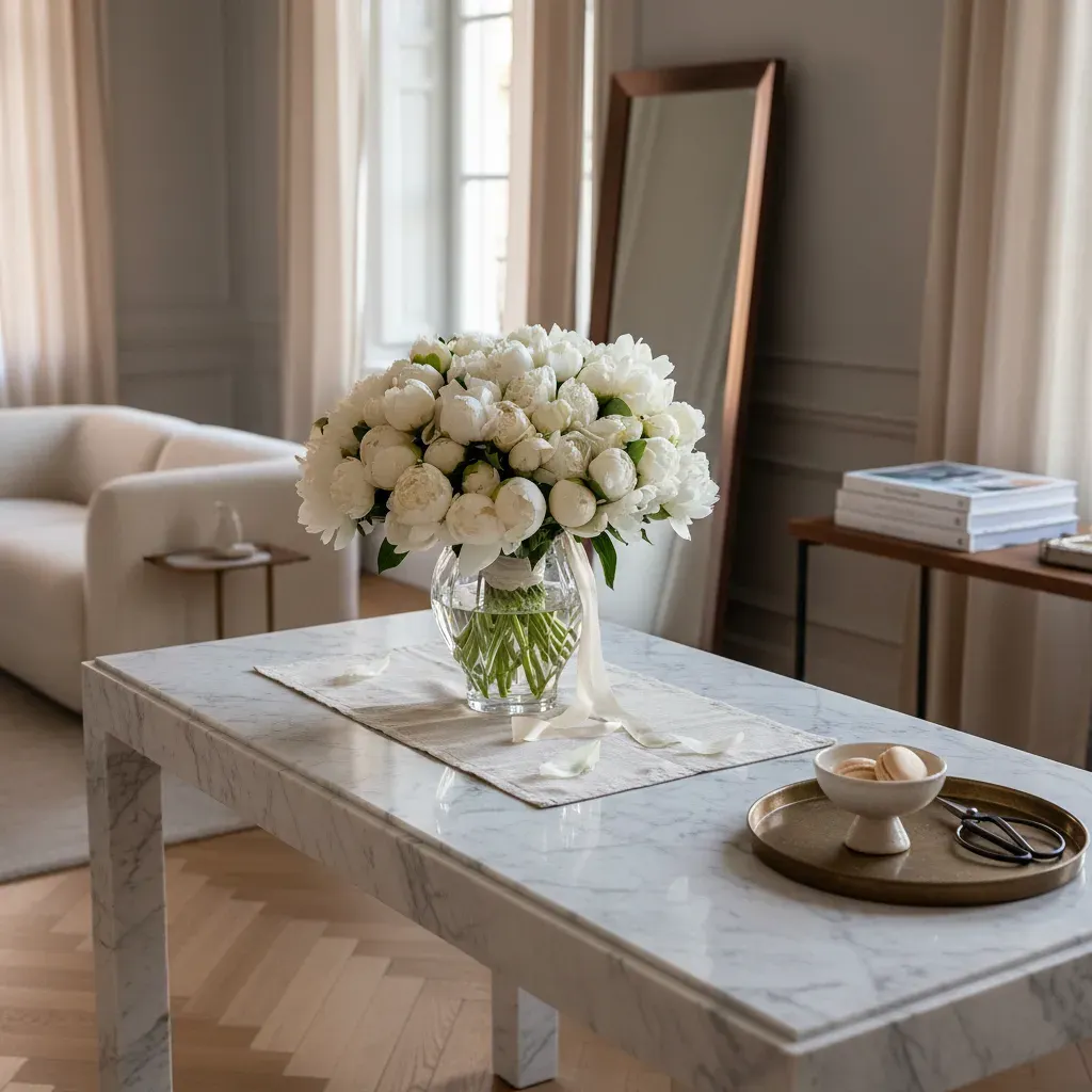 RA-2.webp Vue de dessus d'un somptueux bouquet pivoines blanches Genève, un dôme dense de fleurs ivoire sur fond noir.