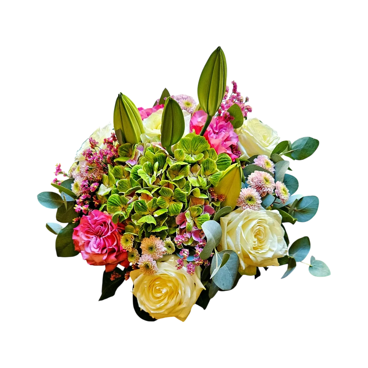 Bouquet d'été Genève « Brume de Juillet » : roses blanches, hortensia vert et lys en bouton sur fond noir.