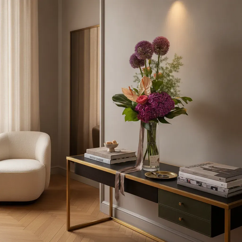 JTNE-1.webp Notre bouquet moderne violet genève avec des globes d'allium, une rose fuchsia, des anthuriums ivoire et un hortensia pourpre.