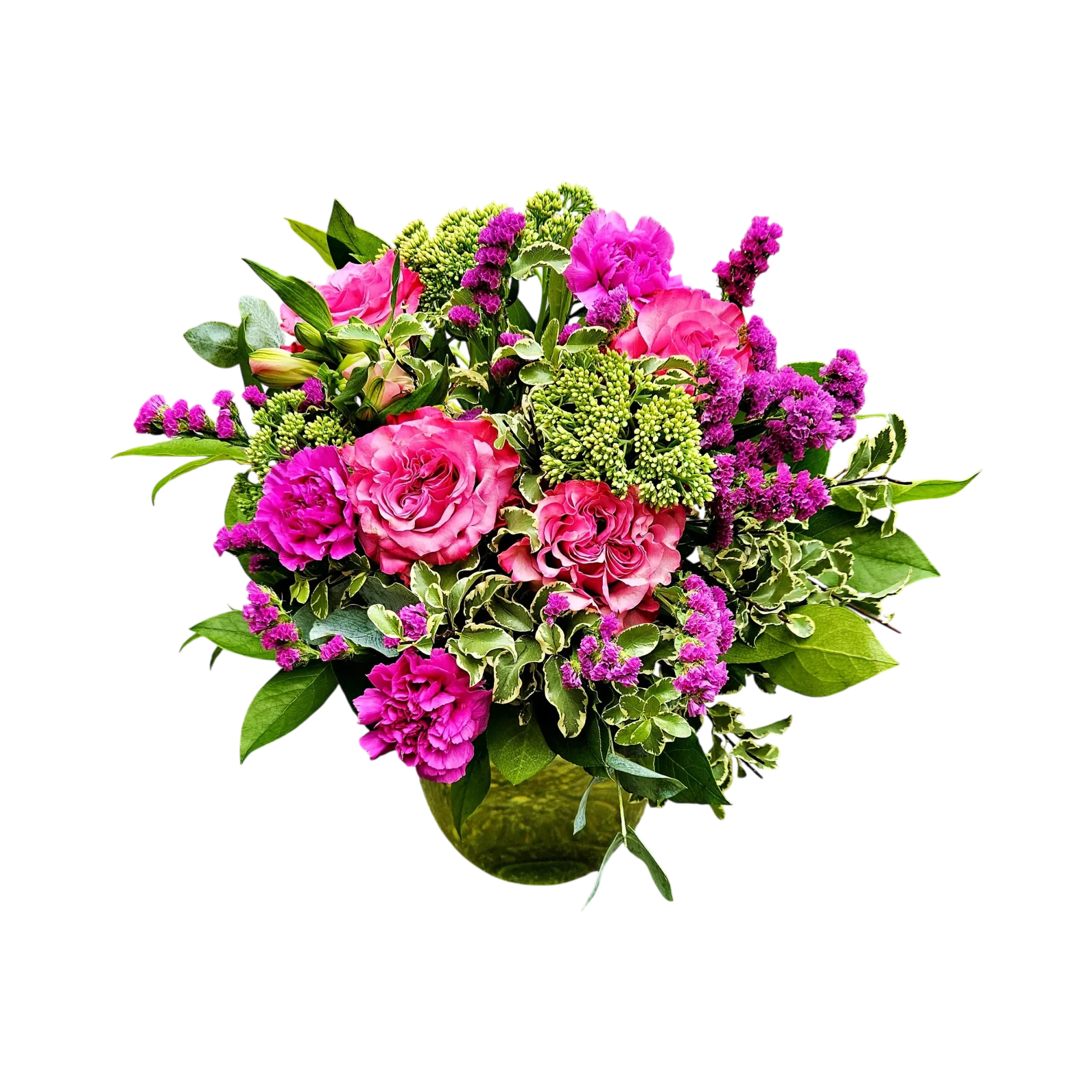 JTNE.webp Le bouquet rose d'août genève dans un vase, composition de roses vives, zinnias, et feuillage panaché, ambiance fraîche.