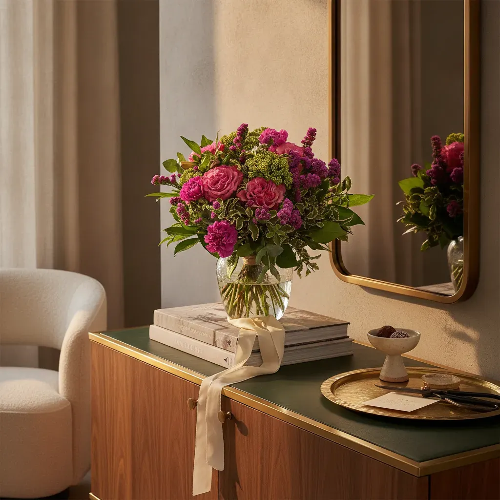ZUklMkZFJTNE.webp Le bouquet rose d'août genève dans un vase, composition de roses vives, zinnias, et feuillage panaché, ambiance fraîche.