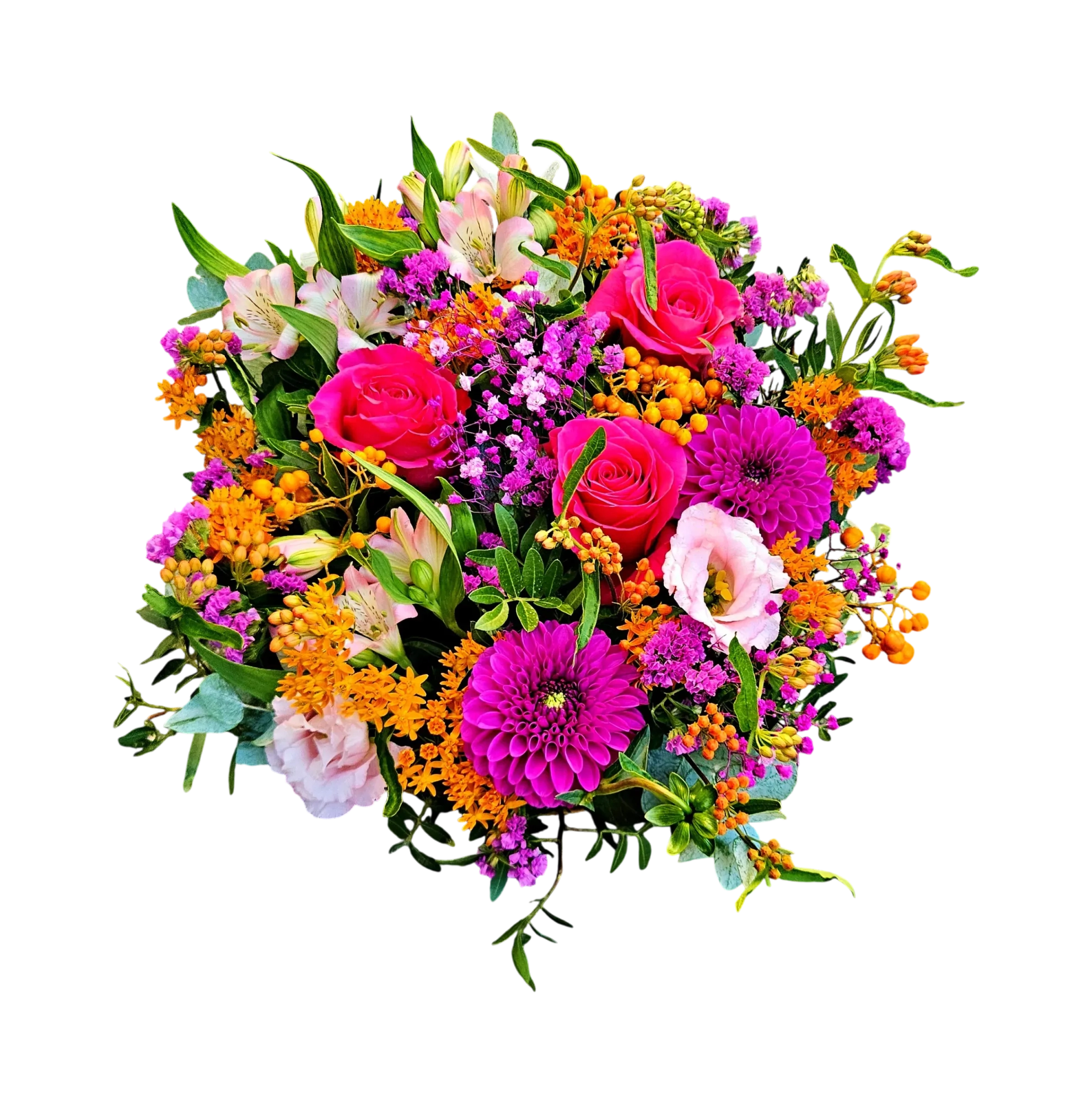 M0Q-1.webp Gros plan sur le Cantique de Sienne, un dense bouquet fleurs colorées genève avec roses fuchsia, dahlias et fleurs d'été.