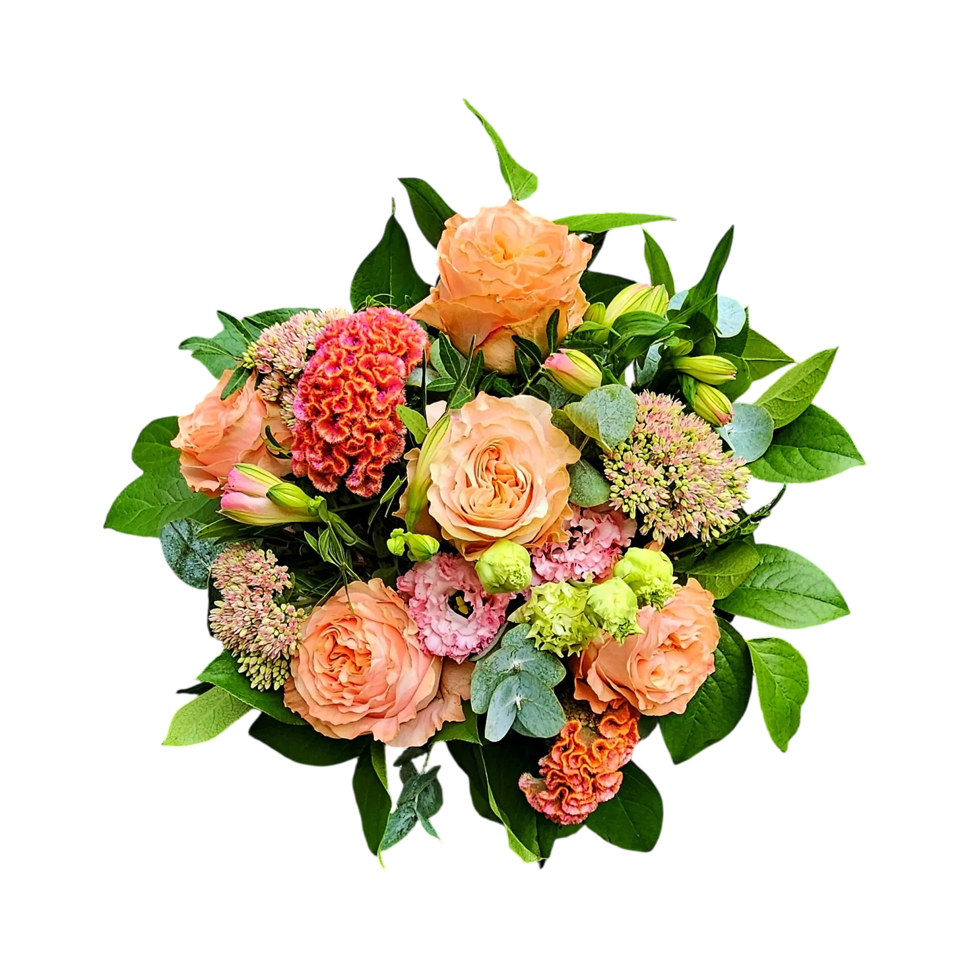 M0Q-3.webp Gros plan sur le bouquet roses pêche genève 'Carnet de Septembre', une harmonie pastel de roses, célosie et sedum.