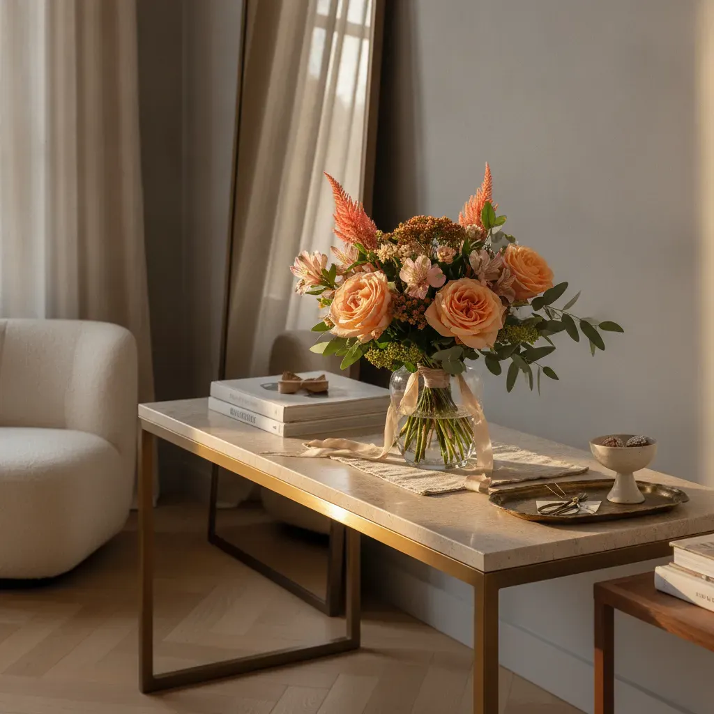 YyUzRA.webp Gros plan sur le bouquet roses pêche genève 'Carnet de Septembre', une harmonie pastel de roses, célosie et sedum.