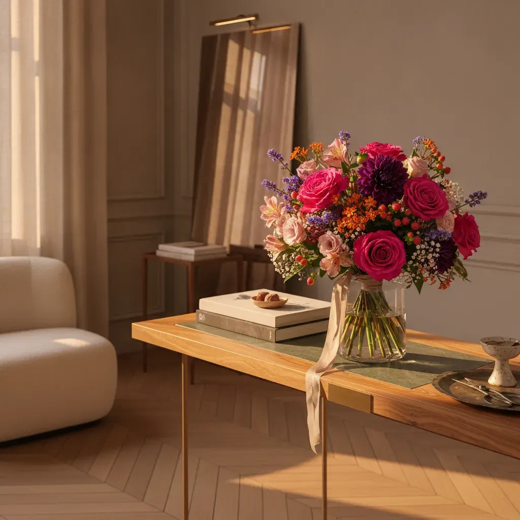 ayUzRA.webp Gros plan sur le Cantique de Sienne, un dense bouquet fleurs colorées genève avec roses fuchsia, dahlias et fleurs d'été.