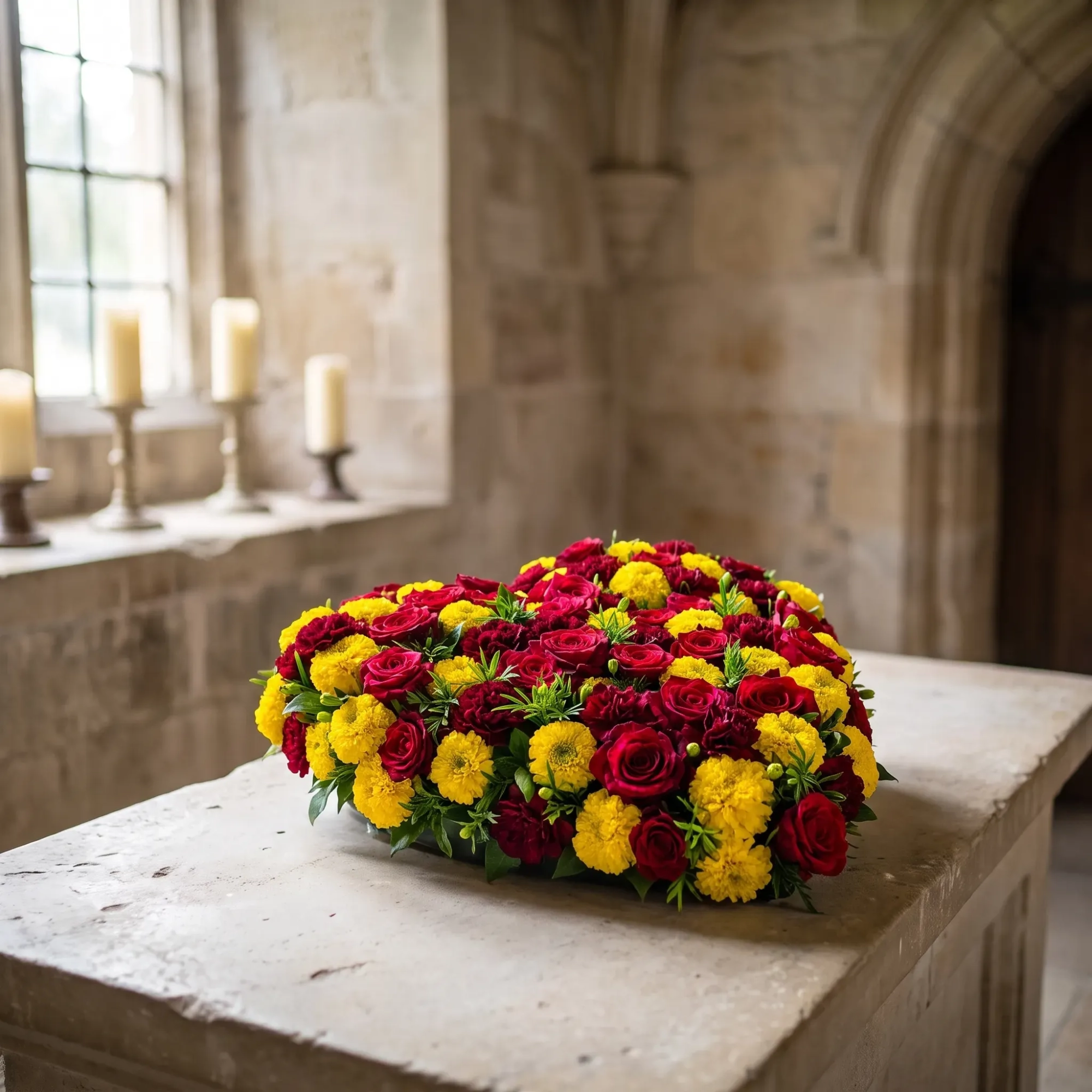 M0Q-13.webp Fleurs deuil Genève : cœur de roses rouges, œillets bordeaux et tagètes posé à plat