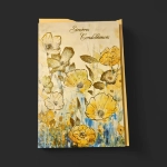 Carte condoléances Genève pavots dorés, peinture de fleurs jaunes et blanches avec dorure en relief