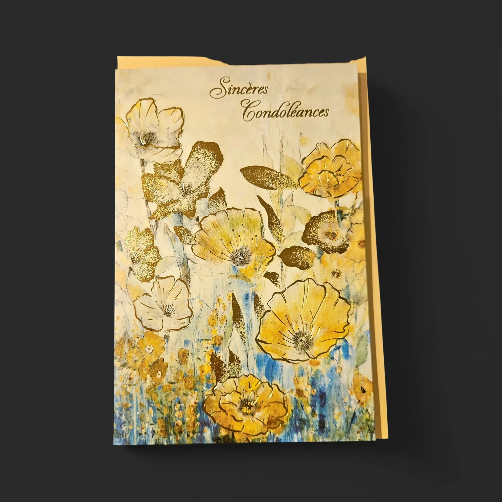 M0Q-28.webp Carte condoléances Genève pavots dorés, peinture de fleurs jaunes et blanches avec dorure en relief