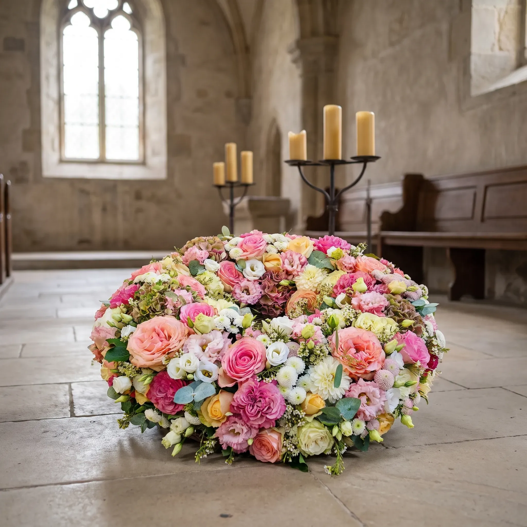 M0Q-3.webp Fleurs deuil Genève couronne pastel roses : couronne ronde de roses, lisianthus et hortensias