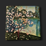 Carte condoléances Genève magnolia lac carrée, peinture d'un magnolia rose pâle et doré au bord d'un lac