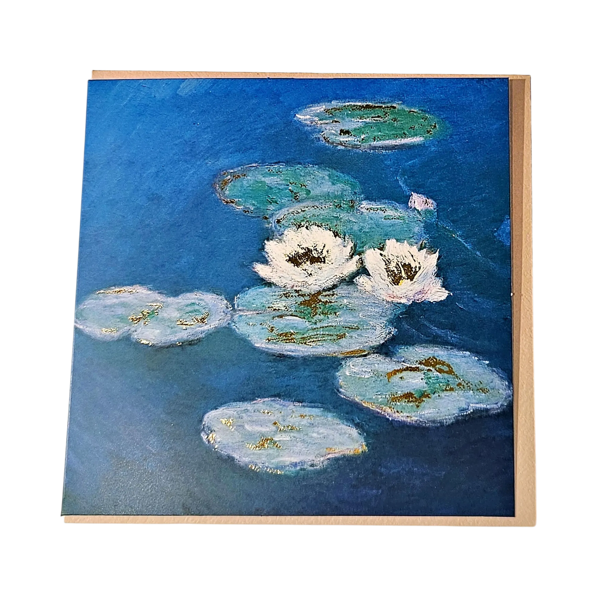 M0Q-33.webp Carte condoléances Genève nymphéas bleu carrée, peinture à l'huile aux nymphéas blancs et dorure