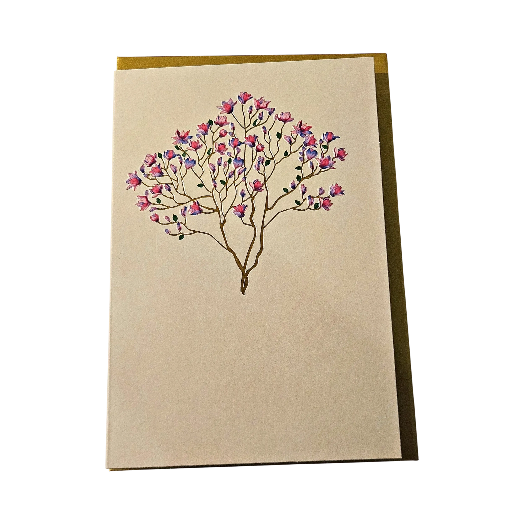 M0Q-34.webp Carte condoléances Genève magnolia dorure, arbre en fleurs aux branches dorées sur papier crème