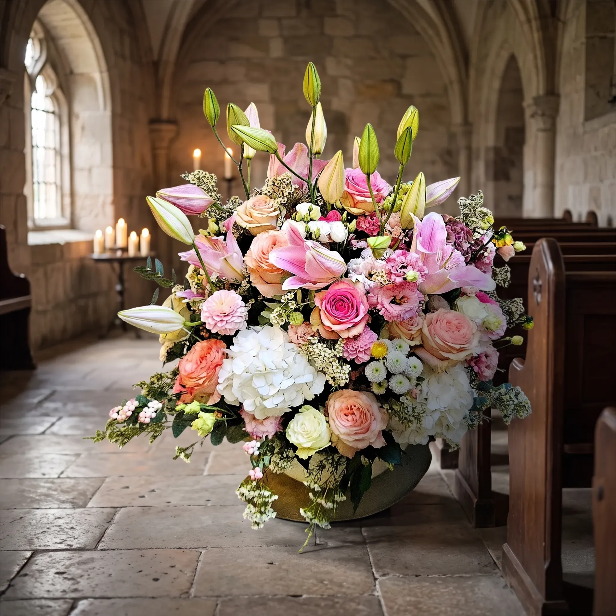 M0Q-9.webp Fleurs deuil Genève lys roses pastel : arrangement Veillée de rosée aux lys, roses et hortensias blancs