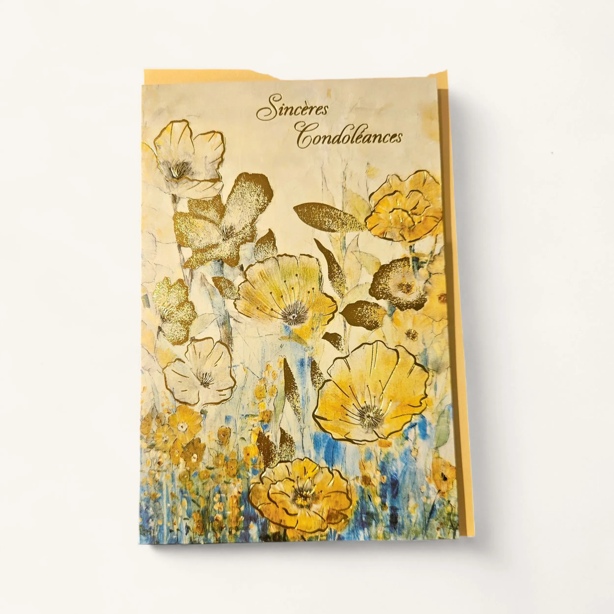 MUZNJTNE.webp Carte condoléances Genève pavots dorés, peinture de fleurs jaunes et blanches avec dorure en relief