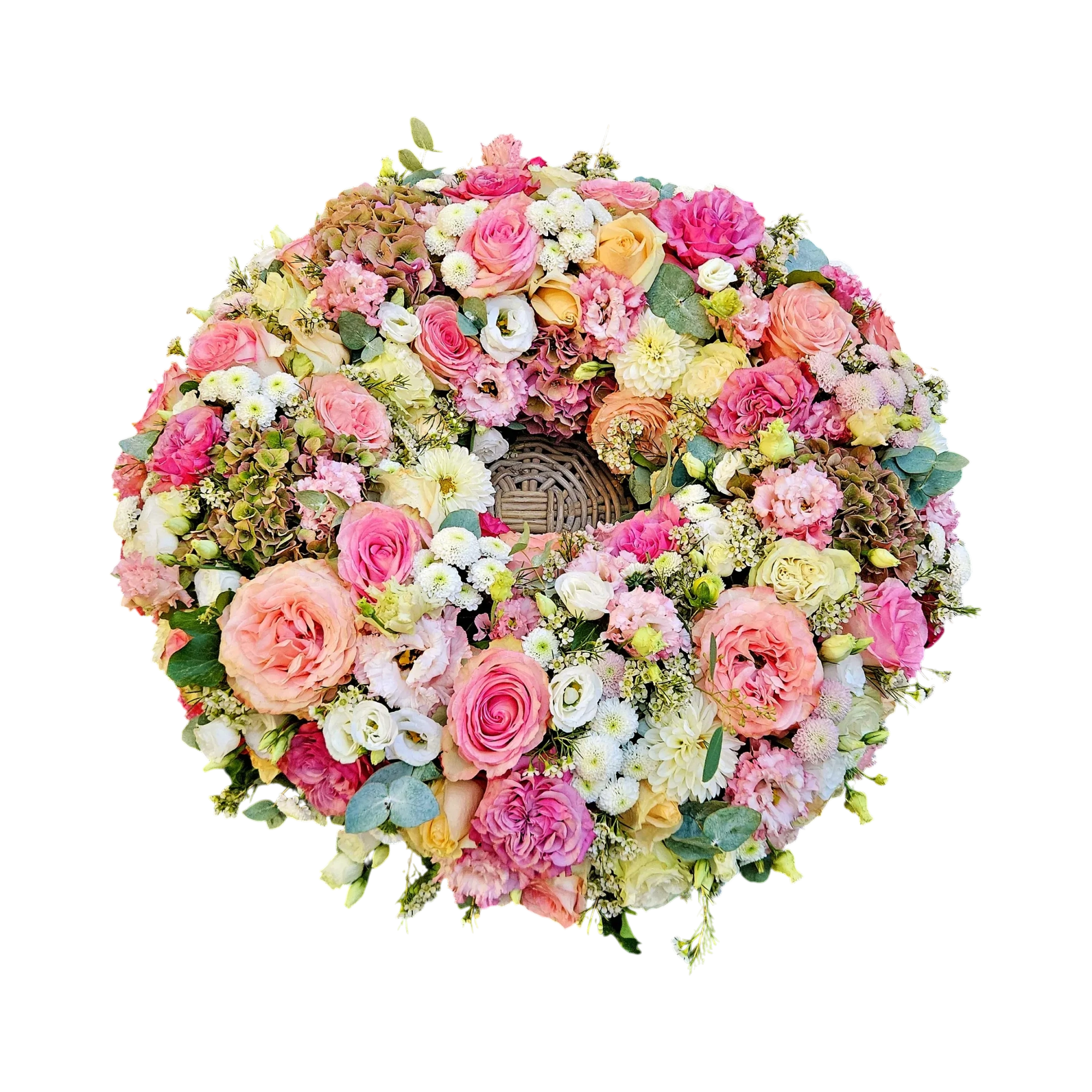 MkJrRDQlM0Q.webp Fleurs deuil Genève couronne pastel roses : couronne ronde de roses, lisianthus et hortensias